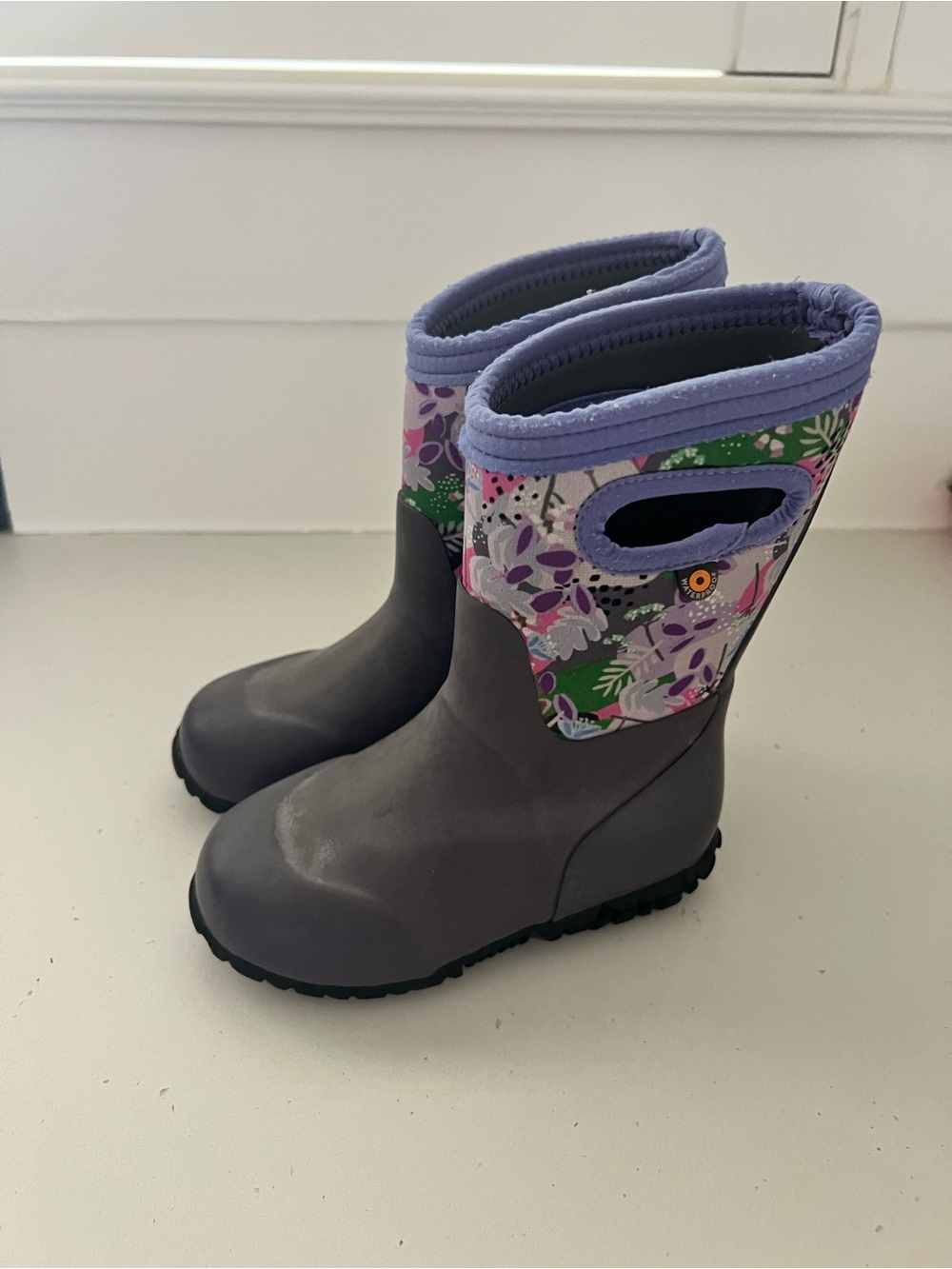 Bogs Kids Waterproof Insulated Winter Rain Boots Gray Floral Pull On